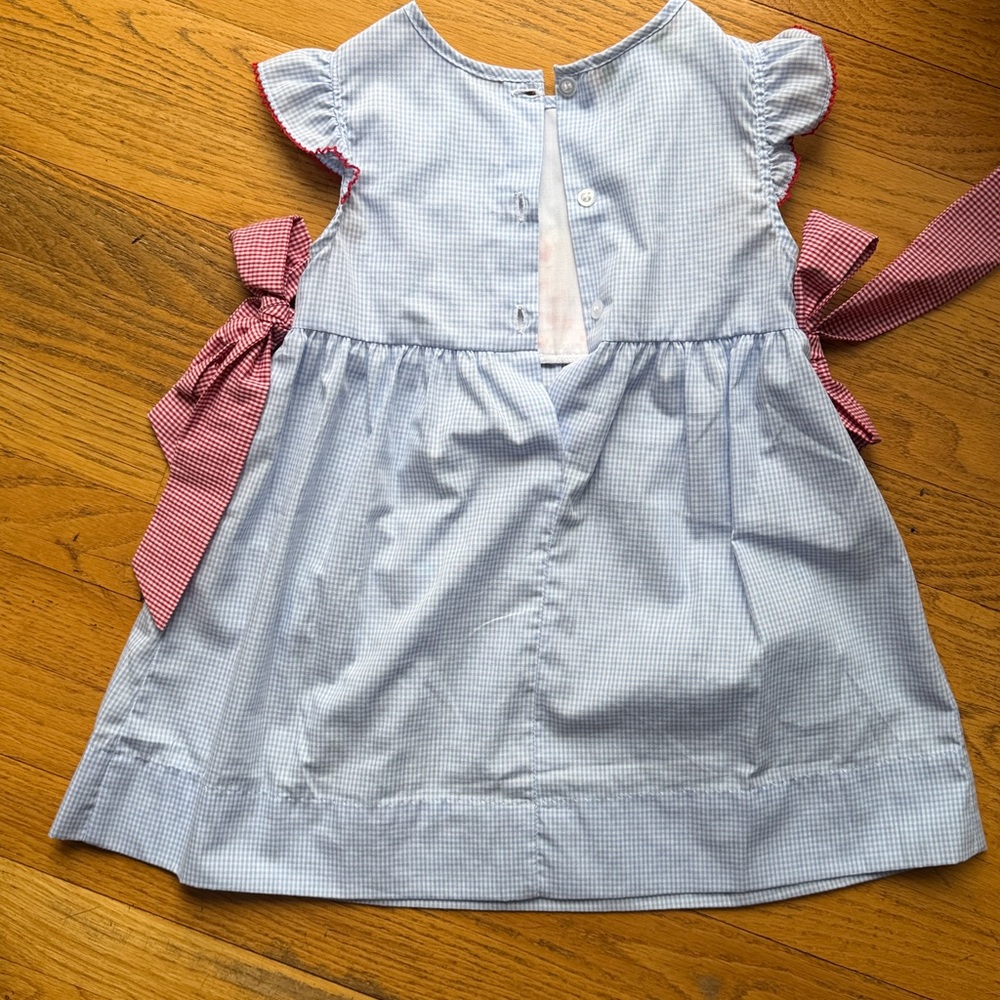 Blue Gingham Circus Smocked Waist Dress with Red Bow Tie Sides - Picture 5 of 6